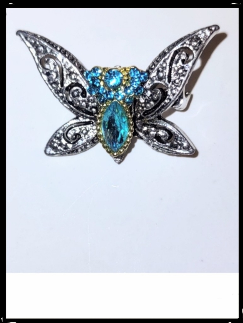 Vintage Silver Butterfly & Teal Blue Crystal Brooch